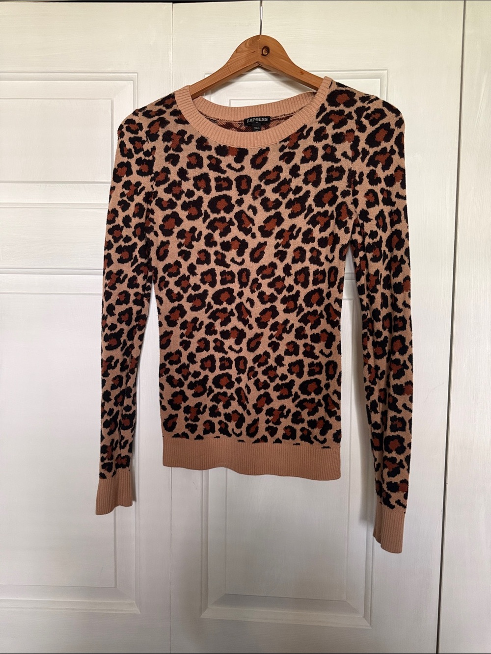 Express Leopard Print Crewneck Sweater - Tan, Brown, Black